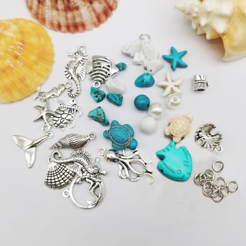 Julie Wang 422PCS Mixed Beach Ocean Jewelry Making Kit, Man-made Turquoise Starfish Turtle Beads Charm & Antique Silver Alloy Sea Animal Pendants, for Bracelet Necklace Earring Craft DIY Supplies - color: Style C-422PCS