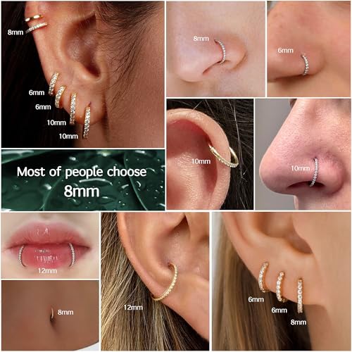 316L Stainless Steel 5A CZ Nose Rings Hoops Conch Helix Piercing Jewelry | Cartilage Earrings Tragus Rook Daith Piercing Jewelry, Septum Clicker Silver/Black/14K Gold Plated, 6-12mm, 16G/18G/20G - color: Gold, Clear CZ(5A), 20G, size: 20g(0.8mm)-9mm
