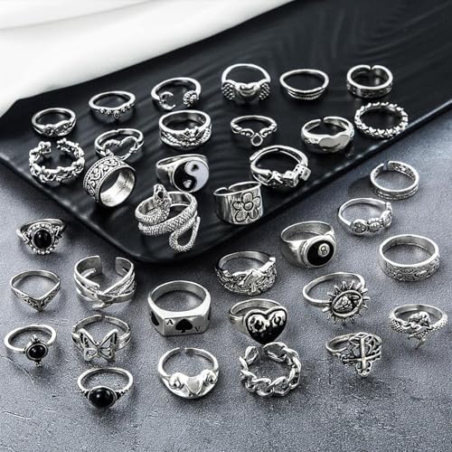 17IF 26-35 Pcs Vintage Silver Knuckle Ring Set for Women Men, Gothic Rings | Grunge Chunky Aesthetic Snake Stackable Adjustable Punk Bulky Finger Alt Fairy Skull Frog Heart Star Flower Midi Ring Pack - style: 35 Pcs