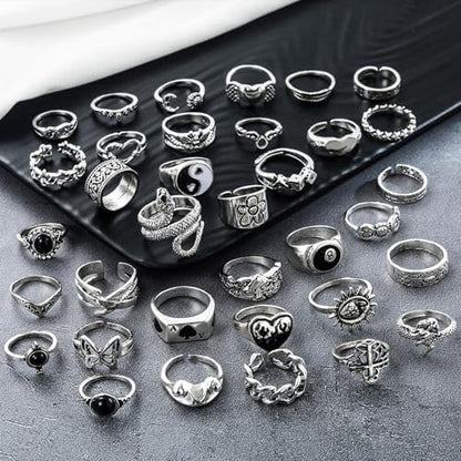 17IF 26-35 Pcs Vintage Silver Knuckle Ring Set for Women Men, Gothic Rings | Grunge Chunky Aesthetic Snake Stackable Adjustable Punk Bulky Finger Alt Fairy Skull Frog Heart Star Flower Midi Ring Pack - style: 35 Pcs