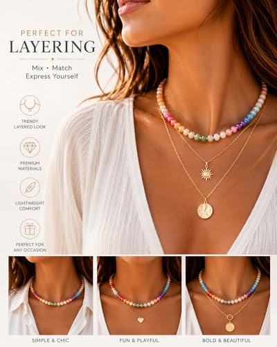 AMOREA Colorful Natural Gemstone Choker Necklace for Women, 5x8mm Genuine Stone Beads, Gold Accent Collarbone Necklace, Summer Vacation Jewelry - color: Sunset Candy