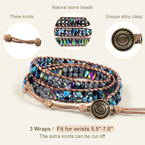JR.DM Boho Beaded Bracelets for Women - Handmade Adjustable Crystal Natural Stone Bead Wrap Bracelets, Bohemian Jewelry Braided for Unique Birthday Gifts - color: A4 Blue Emperor Stones