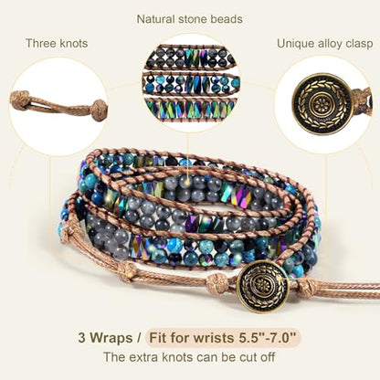 JR.DM Boho Beaded Bracelets for Women - Handmade Adjustable Crystal Natural Stone Bead Wrap Bracelets, Bohemian Jewelry Braided for Unique Birthday Gifts - color: A4 Blue Emperor Stones