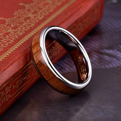 THREE KEYS JEWELRY Tungsten Wedding Band Koa wood Inlay Black Domed | 4mm, 6mm, 8mm, Everyday Wear, Black, Domed, Koa wood inlay - color: Silver 6mm