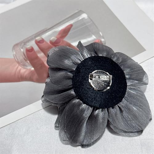 Flash Camellia Flower Brooch Pin for Women Men Elegant Texture Fabric Dahlia Rose Floral Brooches Lapel Pins Dainty Wedding Holiday Party Costume Dress Accessories Jewelry - color: Grey