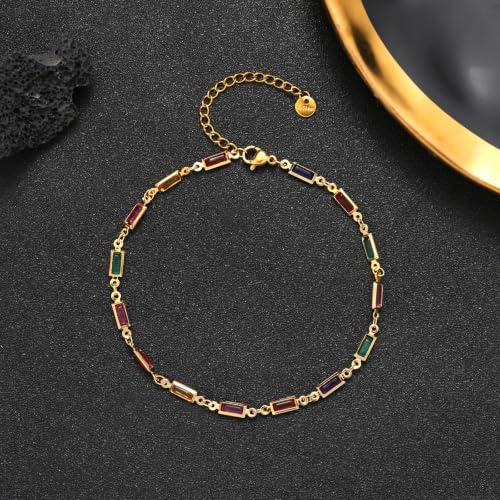 Ankle Bracelets for Women 18K Gold Plated Anklet for Women Gold Charm Anklet Waterproof Summer Beach Foot Chain Jewelry Gifts - style: rectangle colorful cubic zirconia