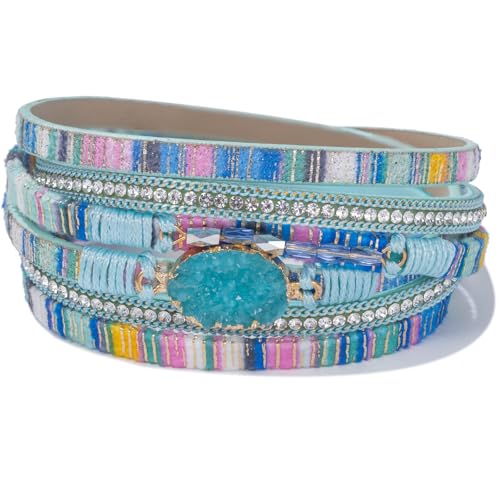Boho Chunky Leather Wrap Bracelets Stackable Beaded Western Country Jewelry | Crystal Bead Trendy Layered Cuff Magnetic Clasp Stack Bohemian Statement Costume Outfits Cowgirl Fashion Hippie Accessories - color: Boho Blue, size: 14.7"