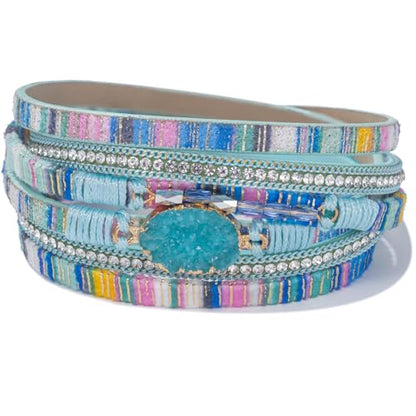 Boho Chunky Leather Wrap Bracelets Stackable Beaded Western Country Jewelry | Crystal Bead Trendy Layered Cuff Magnetic Clasp Stack Bohemian Statement Costume Outfits Cowgirl Fashion Hippie Accessories - color: Boho Blue, size: 14.7"