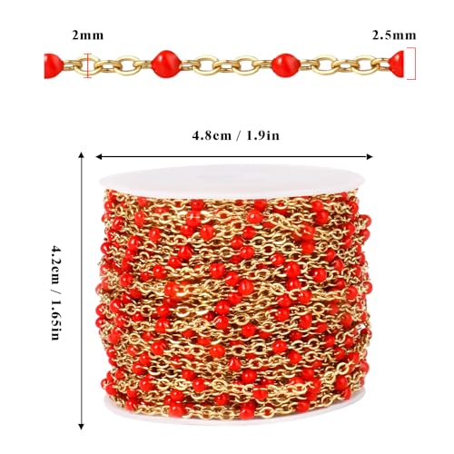 33FT 2mm Gold Cable Chains Red Enamel Chains Bulk Roll for Jewelry Making | 18K Gold PVD Plated Stainless Steel Enamel Beaded Chains Roll for Necklace Bracelet - color: Gold Red Beads