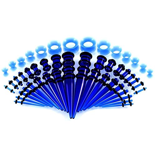 50-Piece Ear Gauges Stretching Kit, 14G-00G | Acrylic tapers and plugs with soft silicone tunnels, body piercing jewelry for women and men - color: Blue