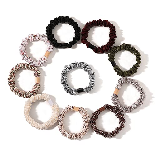Hair Ties Silk Satin Scrunchies - Small Mini Thin Elestics Ponytail Holder Hair Bands Skinny Scrunchy For Thick Curl Hair No Crease Hair Ties Soft Accessories No Hurt Your Hair for Women and Girls - color: Solid and flower