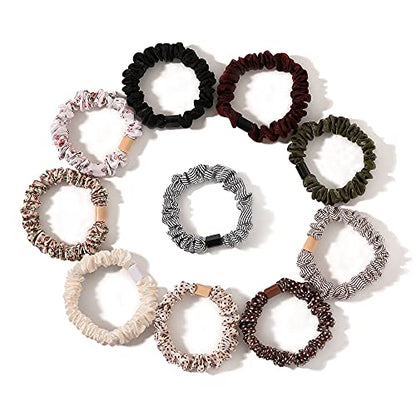 Hair Ties Silk Satin Scrunchies - Small Mini Thin Elestics Ponytail Holder Hair Bands Skinny Scrunchy For Thick Curl Hair No Crease Hair Ties Soft Accessories No Hurt Your Hair for Women and Girls - color: Solid and flower