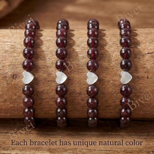 Bivei Crystal Stretch 6mm Bracelets for Women | Handmade Natural Stone Beaded Stretch Bracelet, Stainless Steel Heart Bead, Tranquility Yoga Gift Jewelry for Women - color: Garnet - Energizing