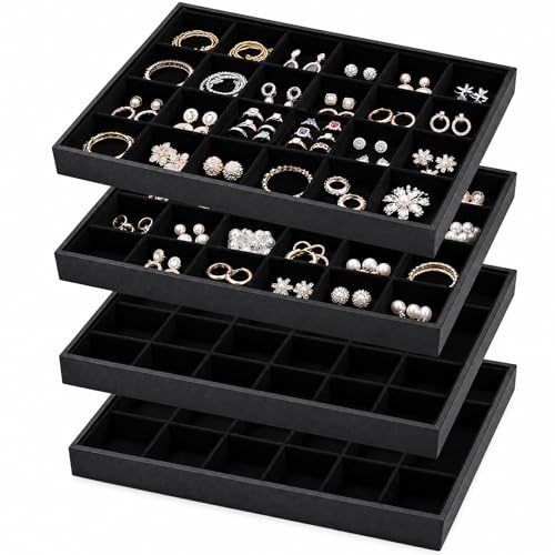 Unittype Set of 4 Stackable Jewelry Organizer Tray for Drawer Inserts Velvet Necklace Earring Bracelet Ring Holder Jewelry Display Storage Box for Bangle Stud Necklace Ring(24 Grid,Black) - color: Black, style: 24 Grid