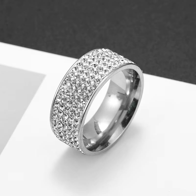 Multi Row Rhinestone Stainless Steel Band Ring Jewelry for Women | Multi rows shiny rhinestones, durable stainless steel, stylish band, ideal birthday holiday gift jewelry for women - color: silvery