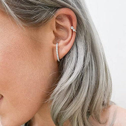 18K Gold Plated Sterling Silver Paved Gemstone Curved Bar Ear Cuffs Suspender Earrings CZ Huggie Earrings - color: Rhodium Plated