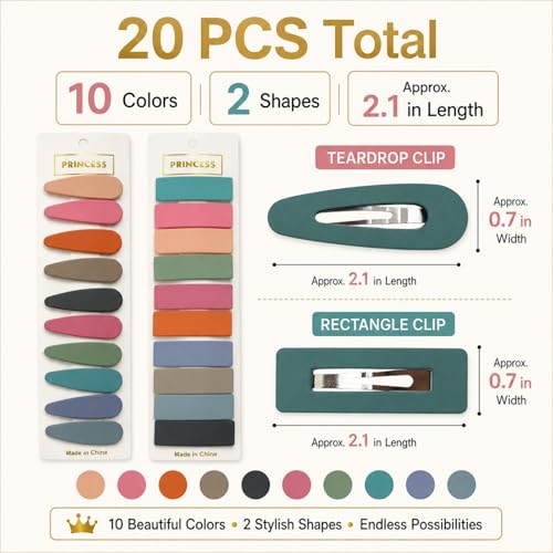 Bphne 20 Pcs Matte Non-Slip Snap Hair Clips for Women, Solid Teardrop & Rectangle Barrettes, Small Metal Pins for Thin Fine Hair, No Crease Lightweight for Everyday Makeup - color: Solid