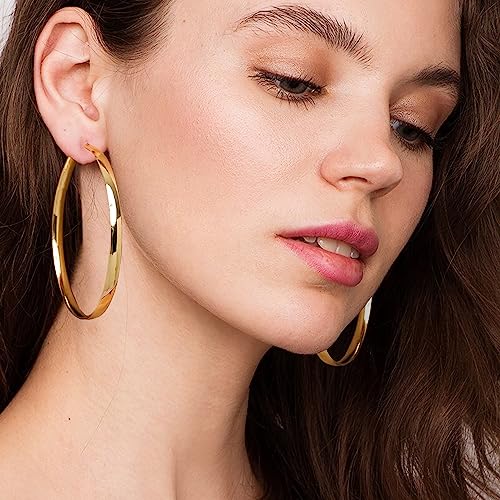 EXGOX 5mm Wide Gold Hoop Earrings for Women,Sterling Silver Hoop Earrings Large Silver Hoop Earrings Hypoallergenic Lightweight 14K Real Gold Plated Big Hoop Earrings for Women 30/40/50/60/70mm - color: Gold Color/60MM
