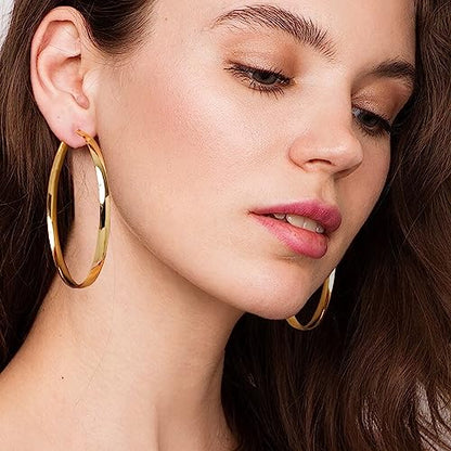 EXGOX 5mm Wide Gold Hoop Earrings for Women,Sterling Silver Hoop Earrings Large Silver Hoop Earrings Hypoallergenic Lightweight 14K Real Gold Plated Big Hoop Earrings for Women 30/40/50/60/70mm - color: Gold Color/60MM
