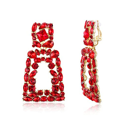 Flyonce Rectangle Clip-on Drop Earrings for Women, Sparkly Rhinestone Crystal Geometric Statement Non Pierced Earring Wedding Prom Party Jewelry for Brides Bridesmaid - color: Red