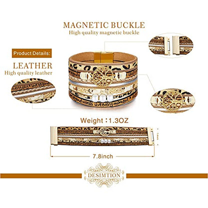 Desimtion Inspirational Tree of Life Boho Leather Wrap Bangle Bracelets for Women, Teen Girl Gifts Trendy Stuff, Fashion Accessories Jewelry Gifts for Women Girls - color: Leopard