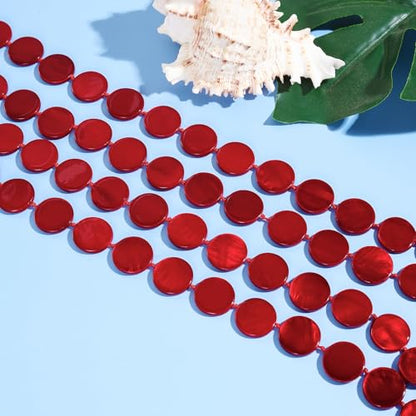 Firstmeet Flat Round Coin Shell Beads Long Knotted Necklace Natural Mother of Pearl Handmade Jewelry For Women - color: Red