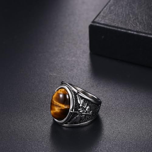 OIDEA Signet Rings for Men: St Michael The Great Protector Archangel Defeating Satan Figurine Amulet Ring Biker Rings - color: Tiger Eye