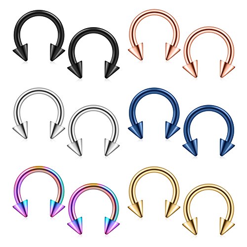 12PCS 14G Surgical Steel Nose Septum Horseshoe Hoop Earring Eyebrow Tragus Lip Piercing Ring - style: 8mm w Spikes