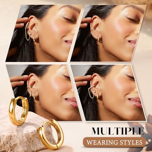 4 Pairs Small Hoop Earrings for Women 14K Gold Plated | Trendy Chain Drop Earrings Set, Hypoallergenic CZ Huggie Hoops, Lightweight Cartilage Earring Stacks - color: 14K Gold Plated-hoop&cuff