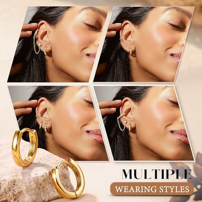 4 Pairs Small Hoop Earrings for Women 14K Gold Plated | Trendy Chain Drop Earrings Set, Hypoallergenic CZ Huggie Hoops, Lightweight Cartilage Earring Stacks - color: 14K Gold Plated-hoop&cuff
