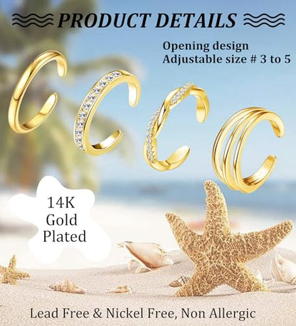4Pcs 14K Gold Plated, White Gold Plated Toe Rings for Women | Silver Toe Rings, Hug CZ, Triple Twist, Simple Band, Open Toe Rings, Adjustable, Waterproof - color: Gold