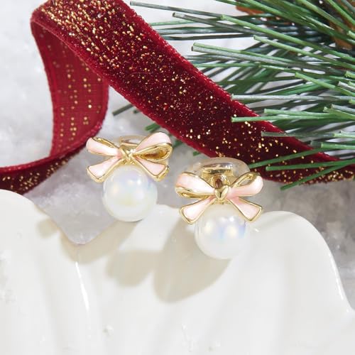 YOQUCOL Golden Bow Clip On Stub,Danle Drop Earrings for Women Simulated Pearl Christmas Xmas Bowknot Non Pierced Earrings - color: Stud Clip-02-Pink