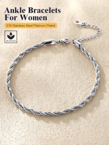 U7 Ankle Bracelets for Women Stainless Steel Waterproof Tarnish Resistant | 18K Gold Plated/Silver/Rose Gold Anklets, Cuban Chain Anklet Bracelets, Perfect for Summer Beach and Vacation Outfits - color: Stainless Steel-3mm-Rope Chain
