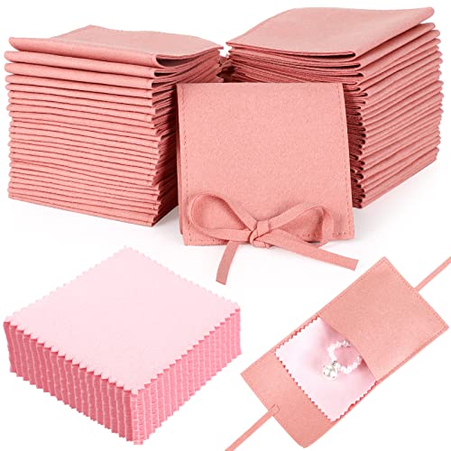 120 Pcs Microfiber Jewelry Pouch 8 x 8cm Jewelry Packaging Bag Gift Bow Tie Bracelet with Cleaning Cloth(Pink) - color: Pink