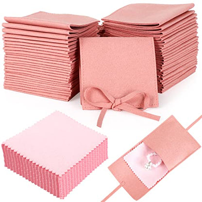 120 Pcs Microfiber Jewelry Pouch 8 x 8cm Jewelry Packaging Bag Gift Bow Tie Bracelet with Cleaning Cloth(Pink) - color: Pink