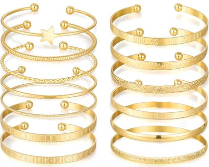 FAXHION Gold Bangle Bracelets for Women, 14 Pcs Multi Layer Stackable Bangle Set, 14K Gold Plated Textured Chunky Bracelets Boho Jewelrys Set - style: Gold B-13 pcs