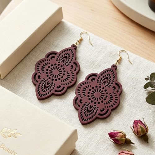 Boho Black Filigree Dangle Earrings for Women, Lightweight Hollow Lace Drop, Wood, 3.34" x 1.69", Bohemian Jewelry - color: Dark Winered