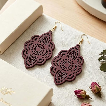 Boho Black Filigree Dangle Earrings for Women, Lightweight Hollow Lace Drop, Wood, 3.34" x 1.69", Bohemian Jewelry - color: Dark Winered