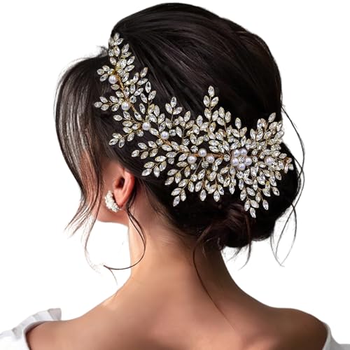 Crystal Wedding Hair Comb Bridal Hair Accessories Pearl and Rhinestone Bridal Side Combs for Women and Girls (Gold) - color: Gold