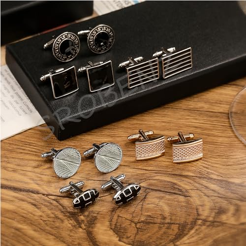 12 Pairs Cufflinks for Men Silver Black Striped Disc Square Rectangle Cuff Links Shirt Suit Men’s Cufflinks For Wedding Groom Business Elegant Gift Box - style: Box B