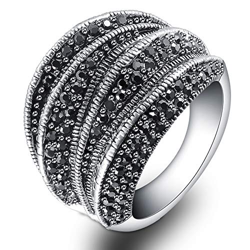 Mytys Statement Rings for Women with Black Zircons, Wavy Design, Vintage Wide Band Ring