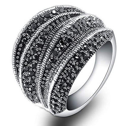 Mytys Statement Rings for Women with Black Zircons, Wavy Design, Vintage Wide Band Ring