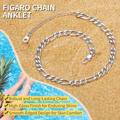ChainsHouse Ankle Bracelets for Women, Stainless Steel Beaded Chain Ankle Bracelet, Womens Heart Anklets for Summer Beach Jewelry Gifts - color: E: figaro-5mm-stainless steel