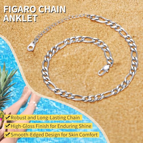 ChainsHouse Ankle Bracelets for Women, Stainless Steel Beaded Chain Ankle Bracelet, Womens Heart Anklets for Summer Beach Jewelry Gifts - color: E: figaro-5mm-stainless steel
