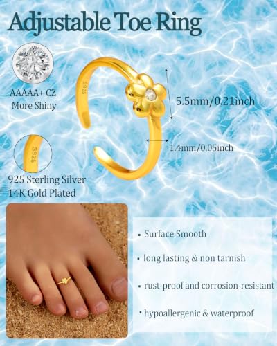 XAYAH 925 Sterling Silver Dainty Flower CZ Toe Ring for Women Daughter Mom | 14K Gold Plated Non Tarnish Stylish Toe Rings Waterproof Adjustable Summer Beach Party Foot Band Ring Wedding Jewelry Gifts - color: Gold