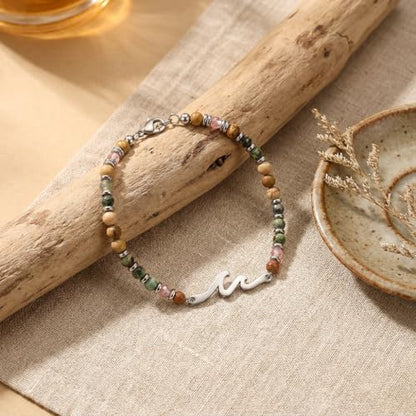 Natural Stone Beaded Bracelet for Women with Wave/Cross Charm - Stainless Steel Adjustable Resilience & Faith Jewelry, Earthy Boho Gift for Her - color: Silver-Wave