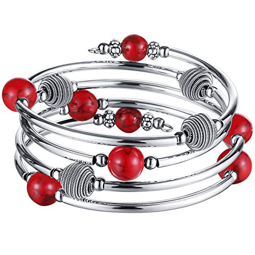 PEARL&CLUB Beaded Chakra Bangle Turquoise Bracelet - Fashion Jewelry Wrap Bracelet with Thick Silver Metal and Mala Beads, Birthday Gifts For Women - color: 63-Red