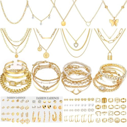 139pcs Gold Jewelry Set Costume Jewelry With 11 PCS Necklace, 16 PCS Bracelet, 90 PCS Stud Hoop Earring 22 Pcs Rings for Women Friendship Gift Set