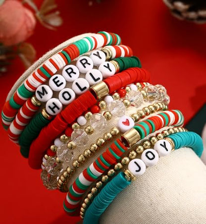 iF YOU 13pcs Boho Brown Gold Beaded Stretch Bracelets for Women, Heishi Clay Surfer Stackable Bracelet Stacks Summer Beach Jewelry - style: Red & Green Clay Bracelets