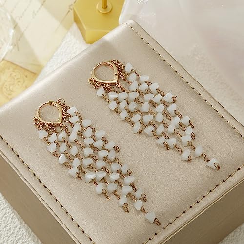 Fringe Hoop Dangle Earrings, Long Beads Tassel Chain Earrings for Women Sparkly Chandelier Earrings - color: White